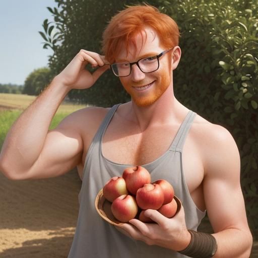 Redhead Farmer Wipes Sweat After Apple Harvest