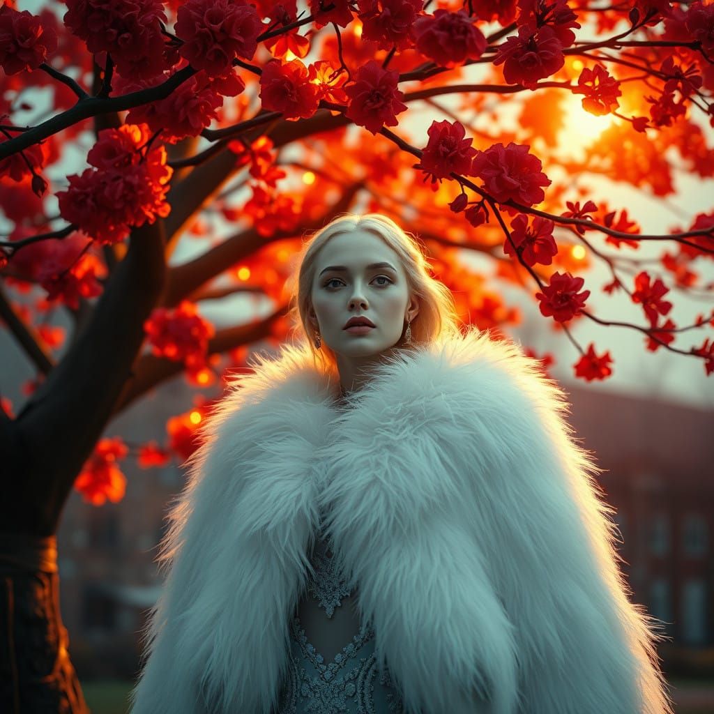 Surreal Goddess Under Radiant, Fiery Tree in Full Bloom with...