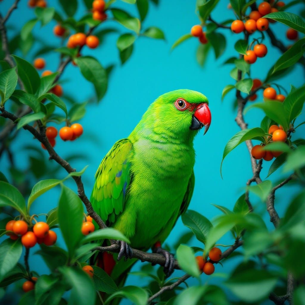 Vibrant Green Eclectus Parrot Amidst Naranjilla Foliage with...