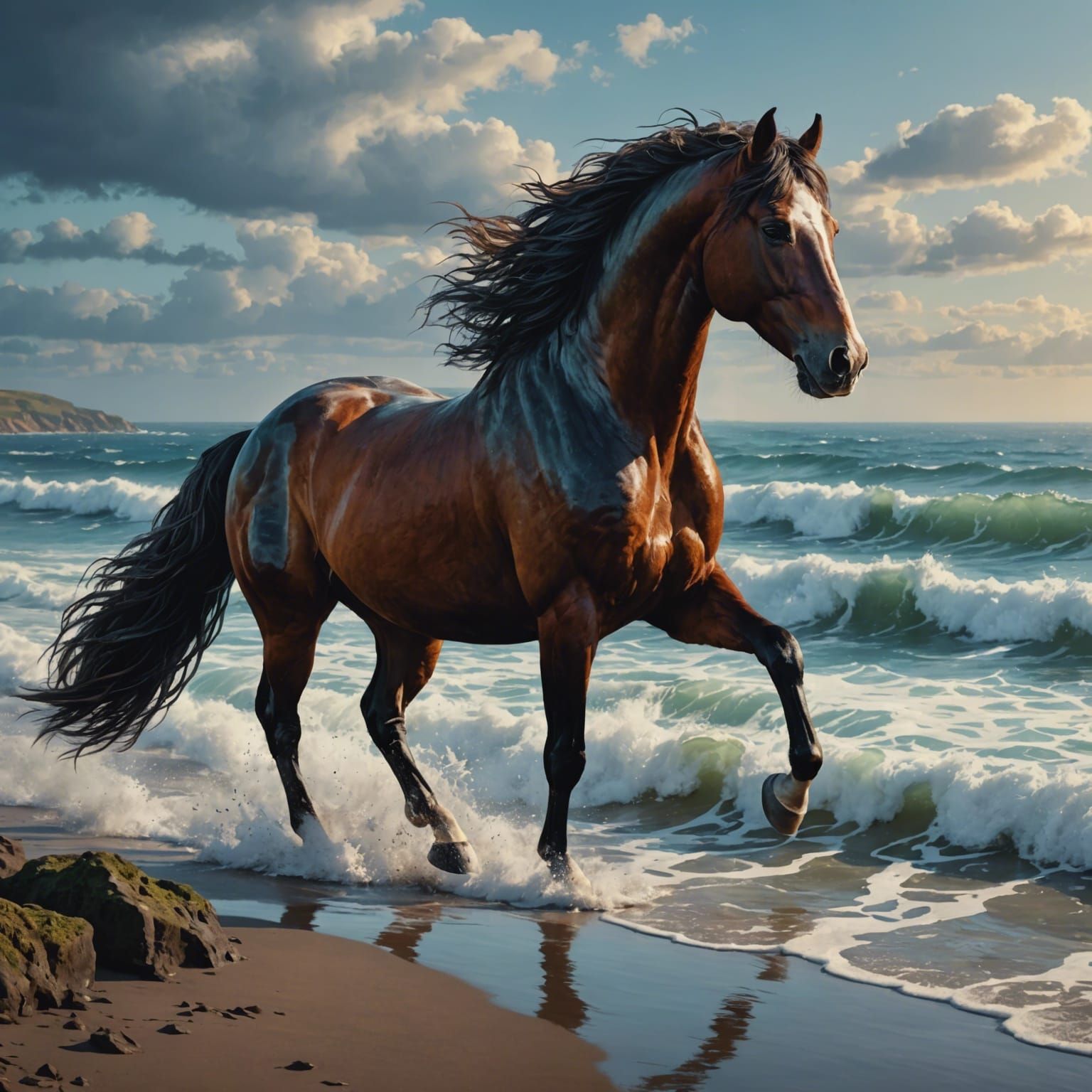 Horse in Impasto Painting by the Ocean