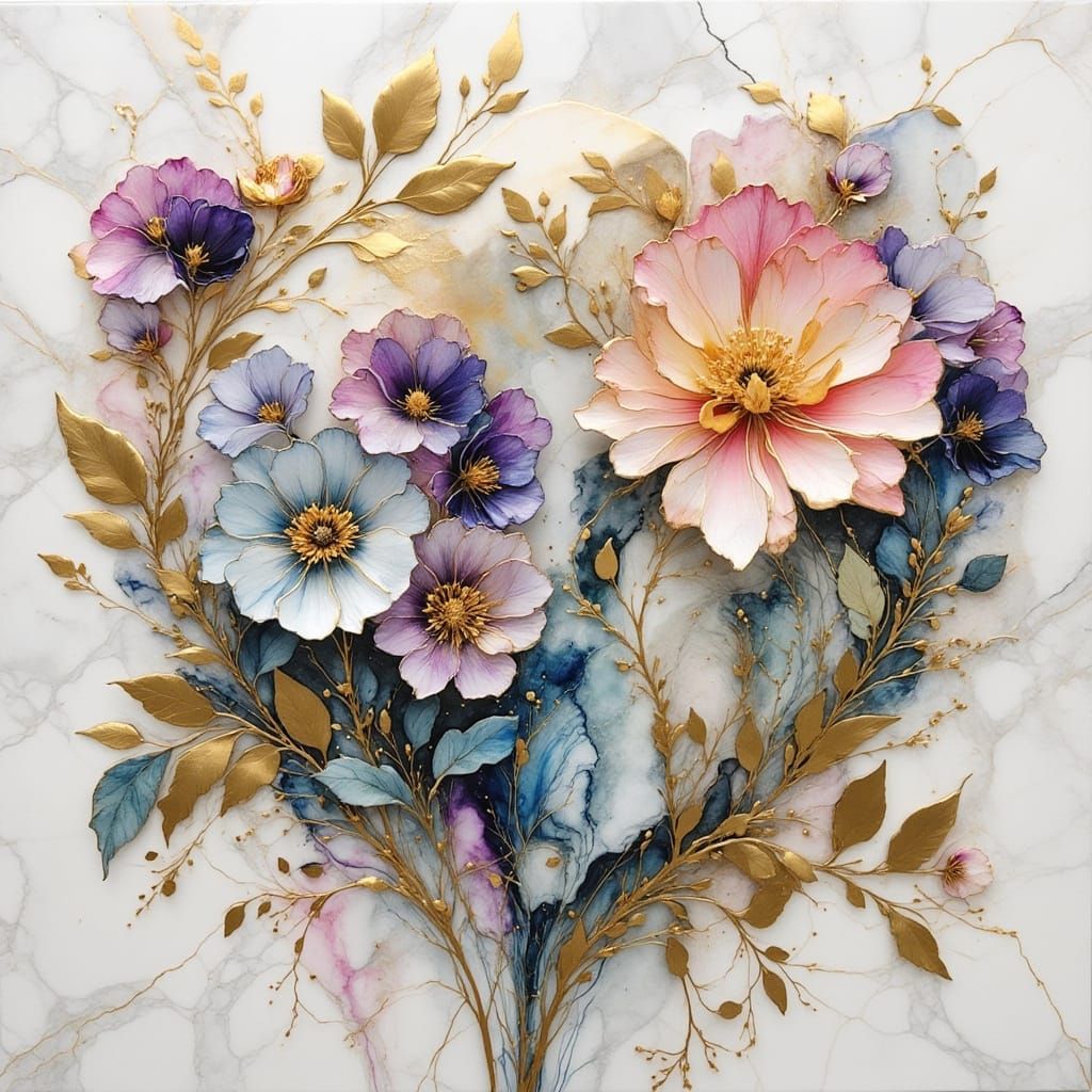 Vibrant Watercolor Flowers with Marble Intensity