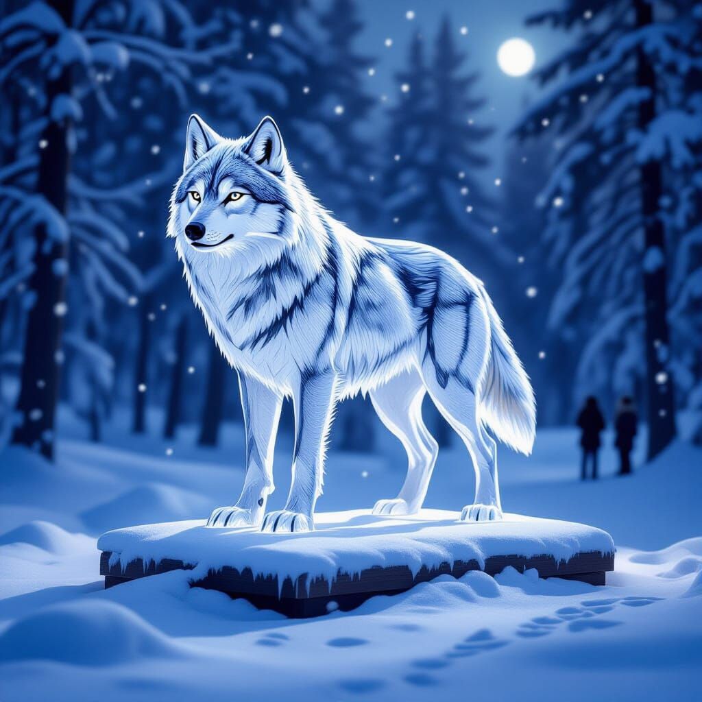 Majestic Ice Wolf Sculpture in Moonlit Winter Forest