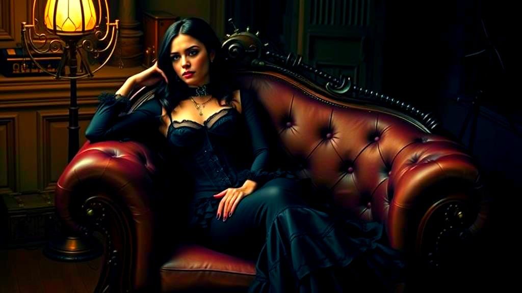 Gothic Woman in Steampunk Room with Neon Lighting