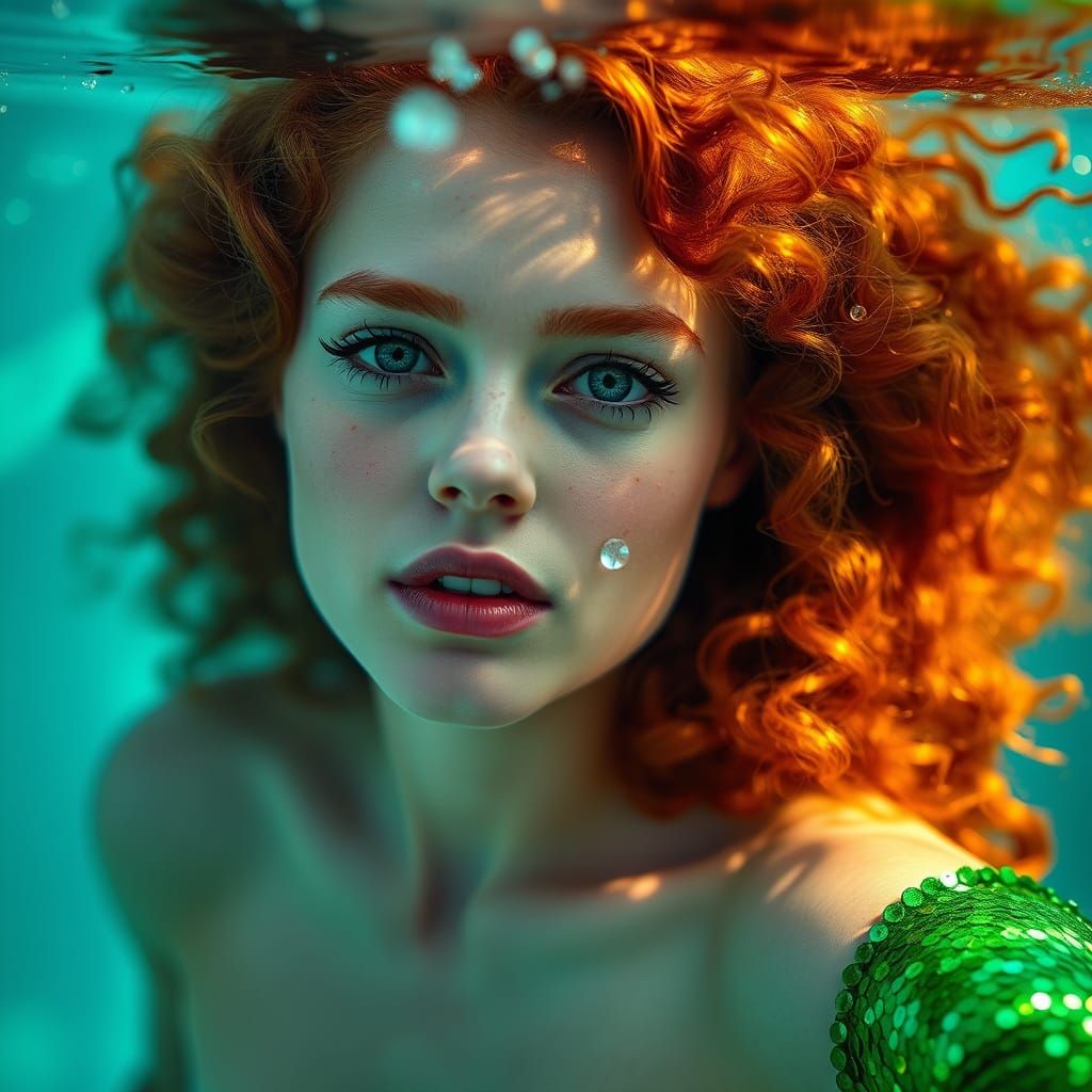 Ethereal Underwater Portrait in Vibrant Green Sequins