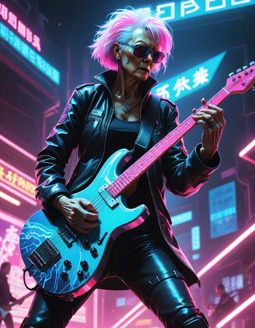 Cyberpunk Grannies Rocking Out in Neon Noir Style