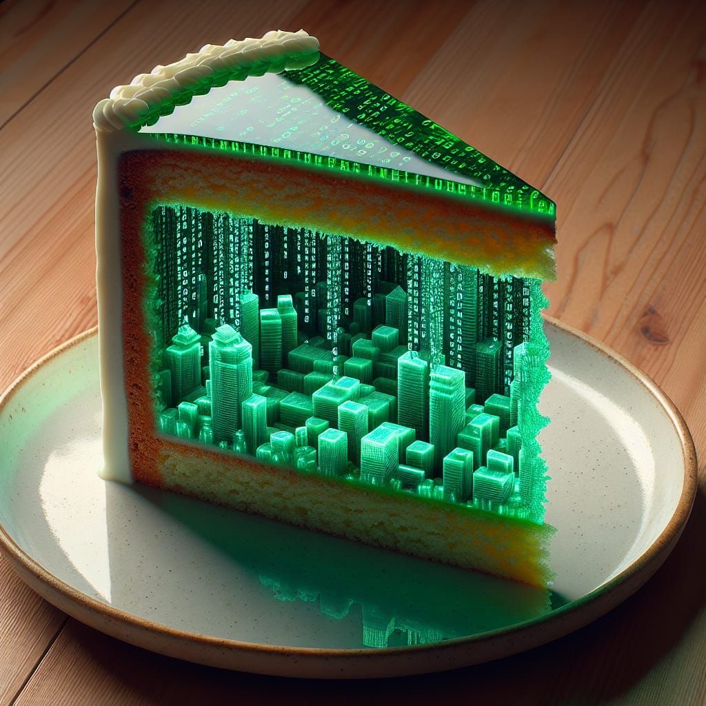 Hyperrealistic Matrix Cake with Digital Cityscape