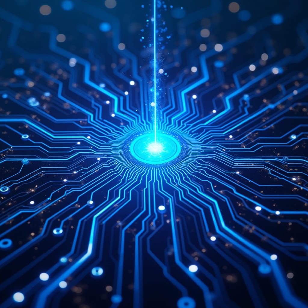 Electric Blue Neon Circuits in Futuristic Landscape