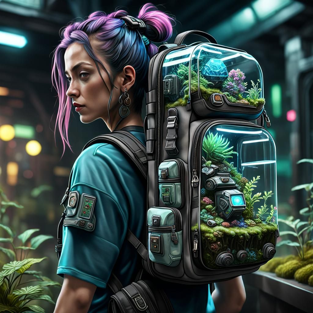 Woman with Cyberpunk Terrarium Backpack: Digital Fantasy Art