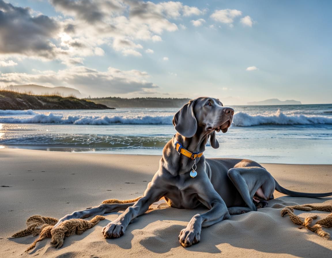 Weimaraner Dog on a Sunny Beach