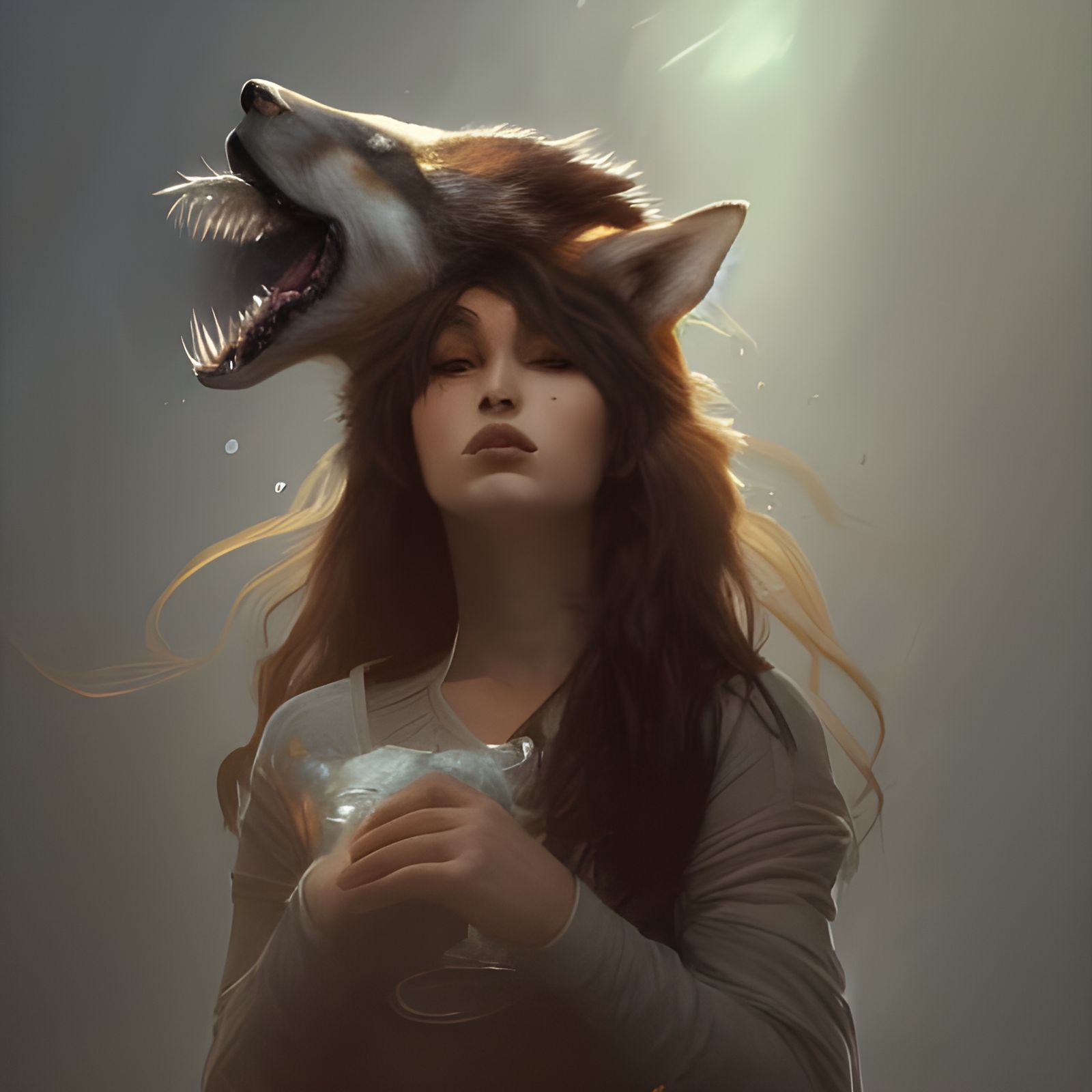 Wolf-Headed Girl Portrait in Detailed Digital Art