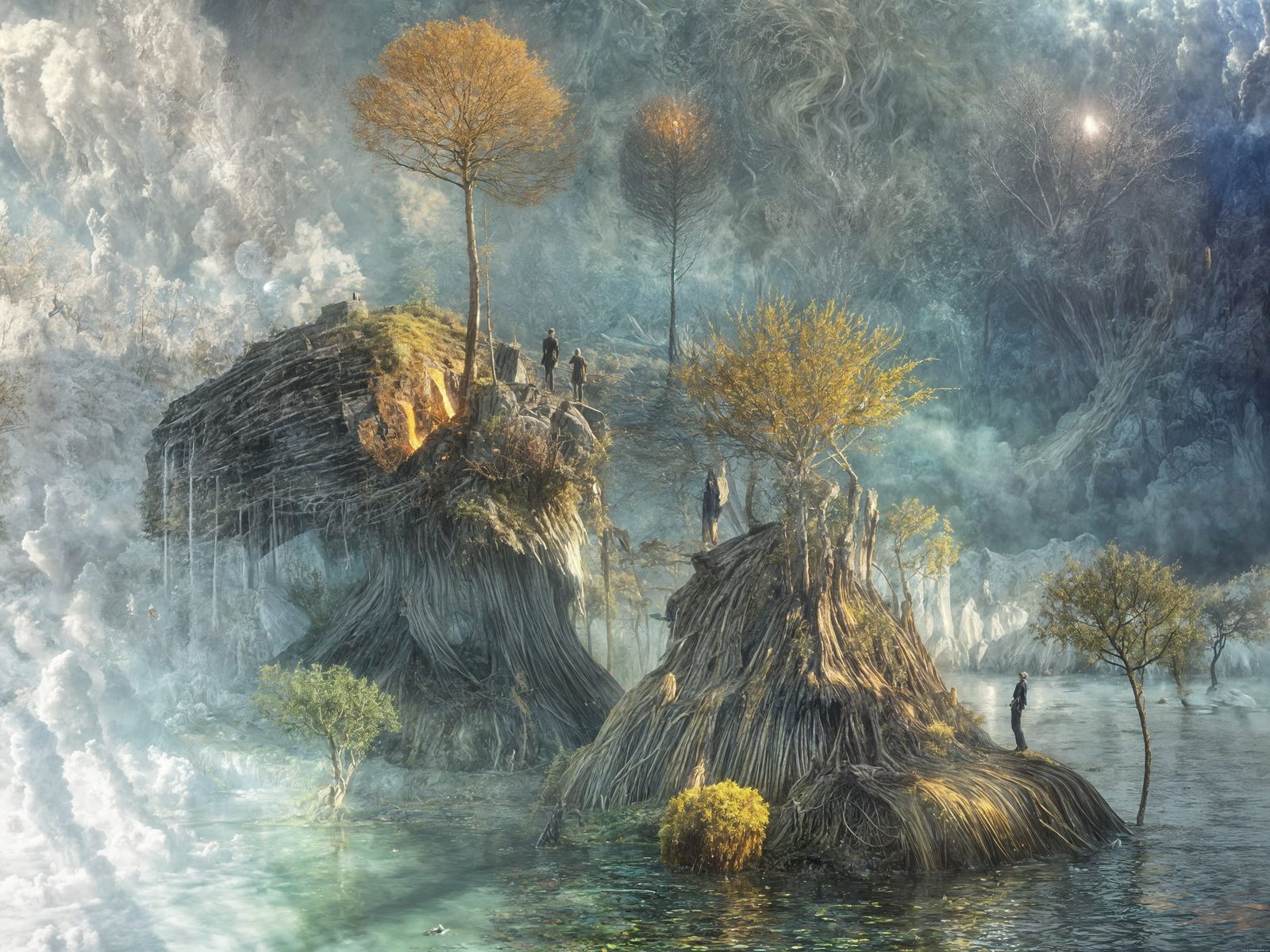 Biopunk Summer Landscape with Erupting Pond