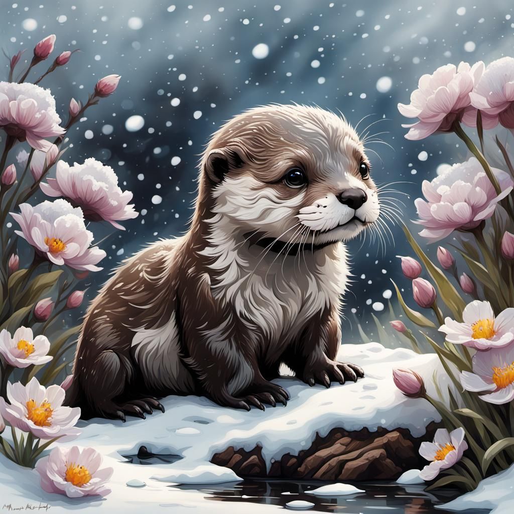 Chibi Otter in Spring Snow: Photorealistic Gouache Painting