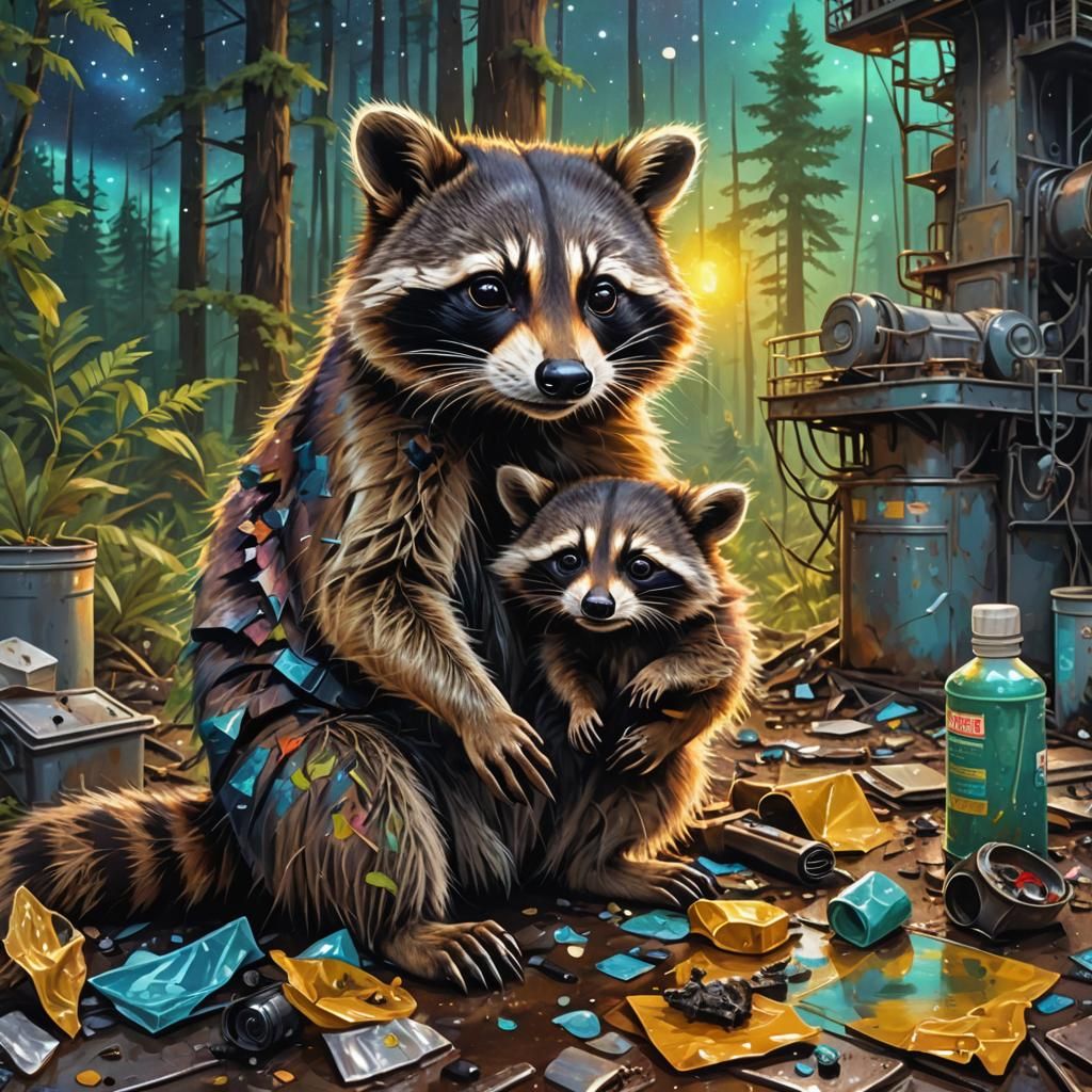 Disturbing Oil Spill Scene with Raccoons, Astral Illustratio...