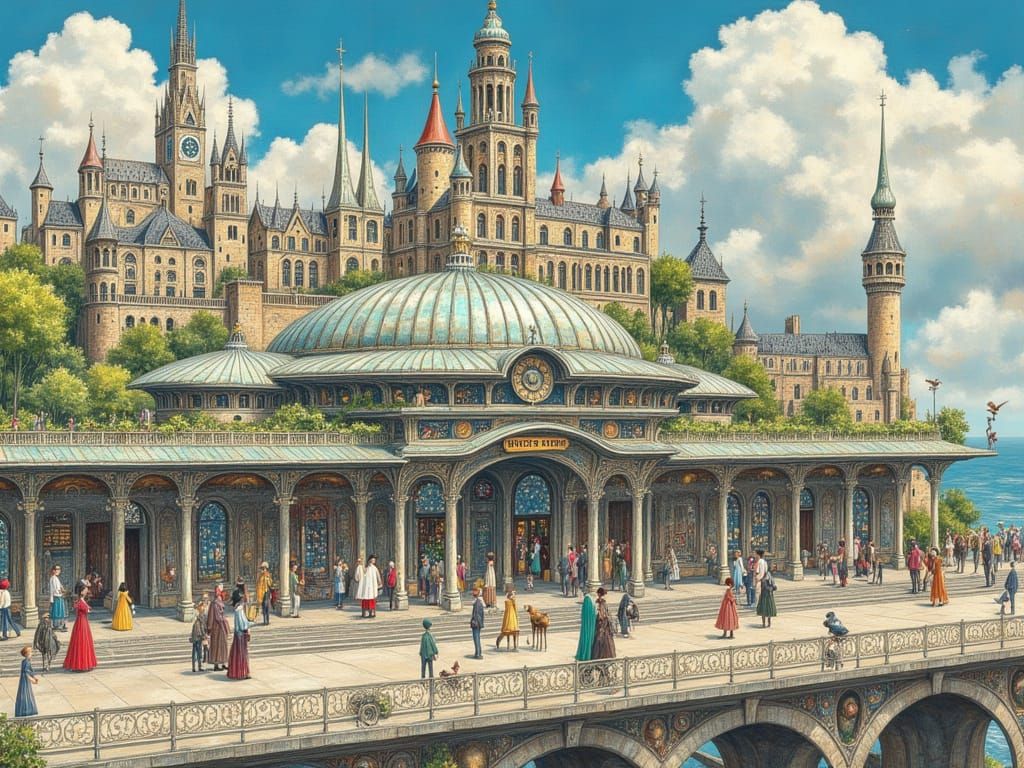 Futuristic Cityscape Train Station in Impressionistic Style