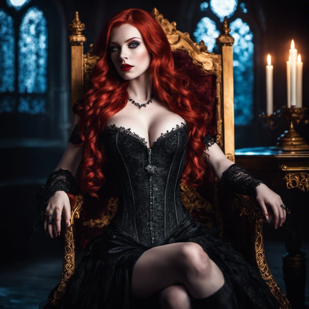 Redhead Vampire on Gothic Throne: Hyperrealistic Portrait