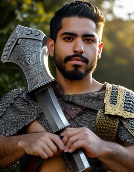 Hispanic Warrior with Axe in Golden Light