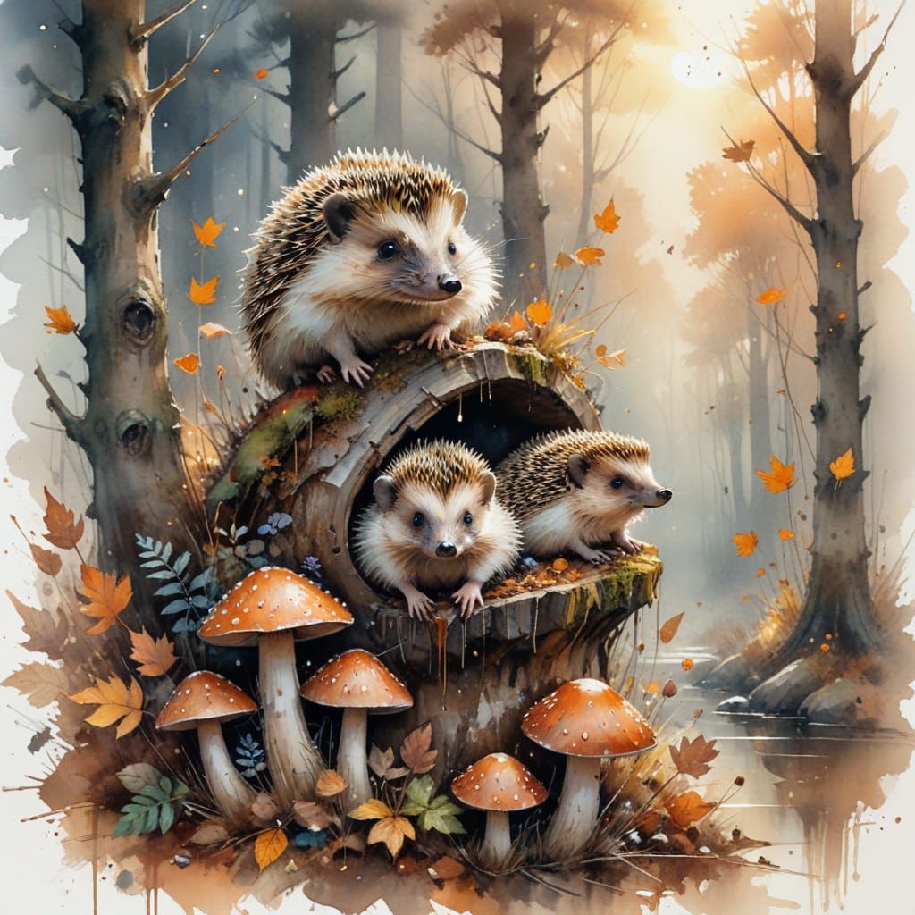 Hedgehog Family in Fairy Ring, Storybook Illustration