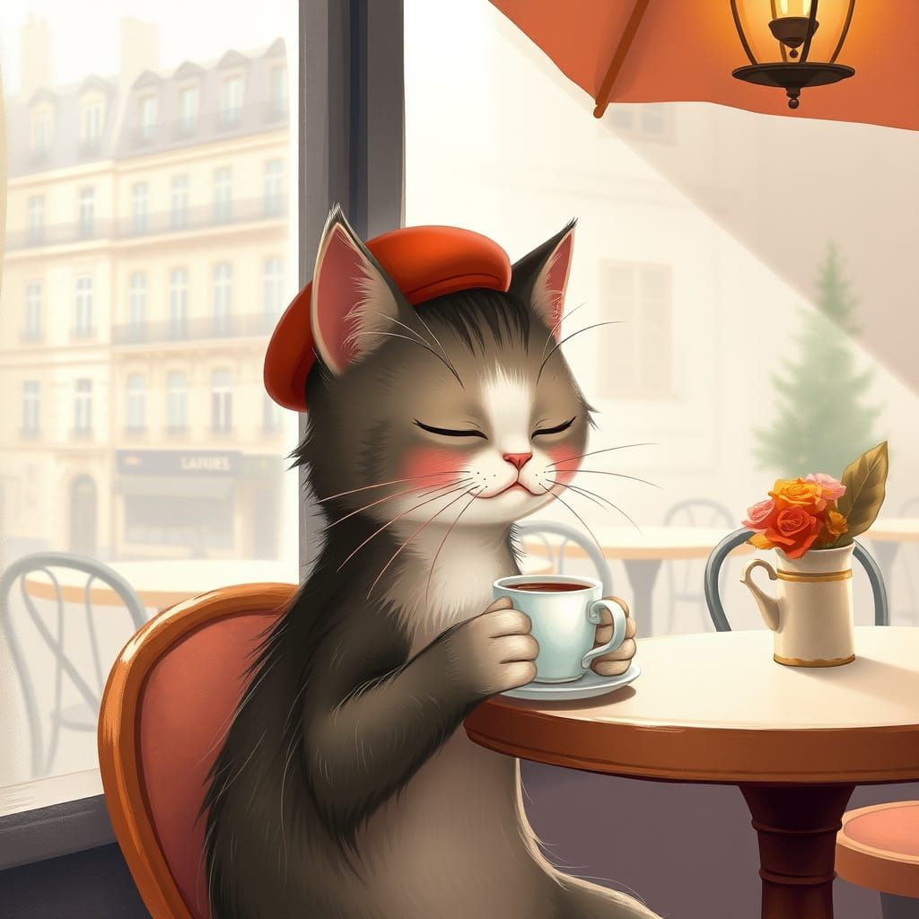 Whimsical Cat Sipping Coffee in Paris