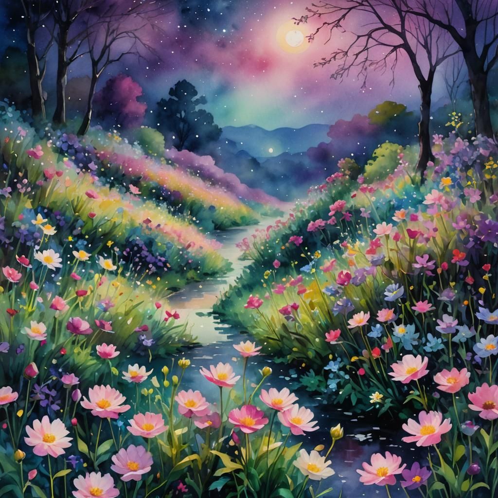 Dreamy Nocturnal Landscape with Blooming Flowers in Watercol...