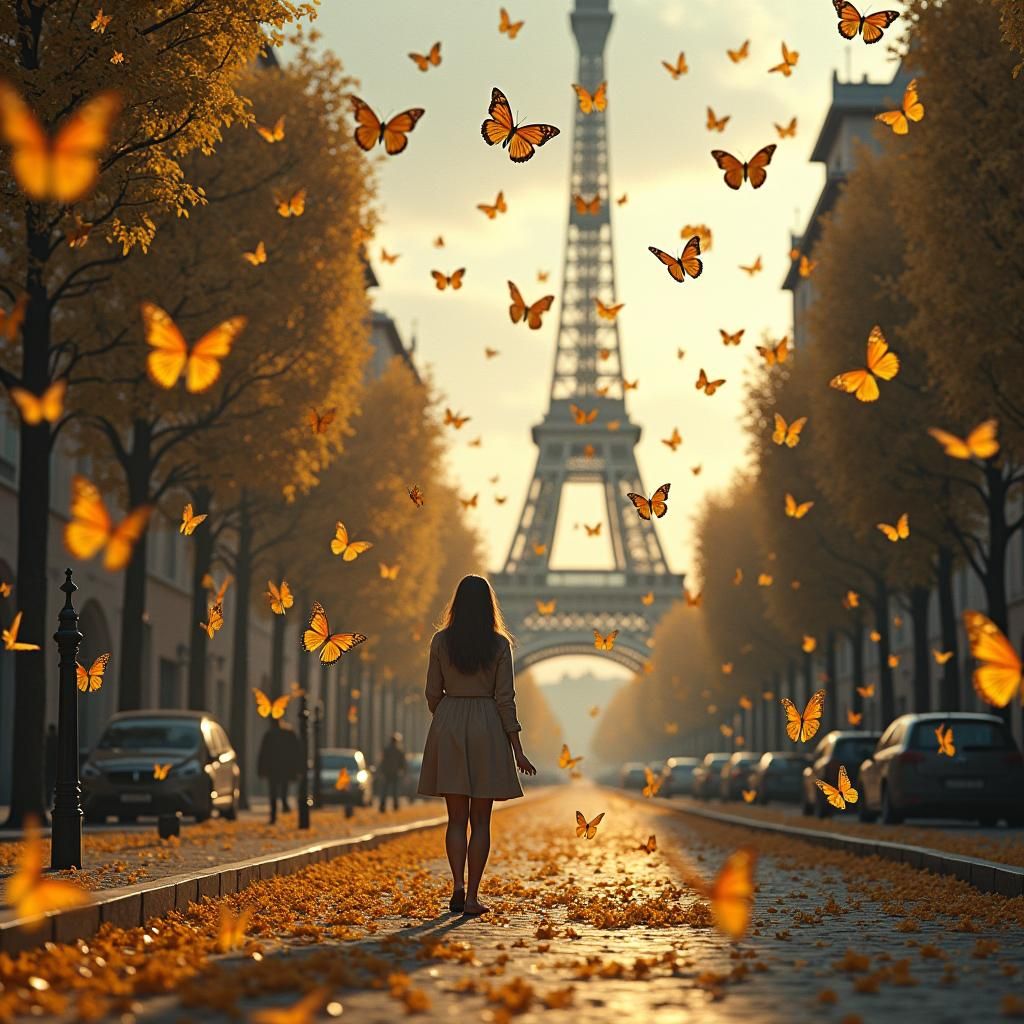 Paris Invaded by Golden Butterflies: Unreal Engine 5