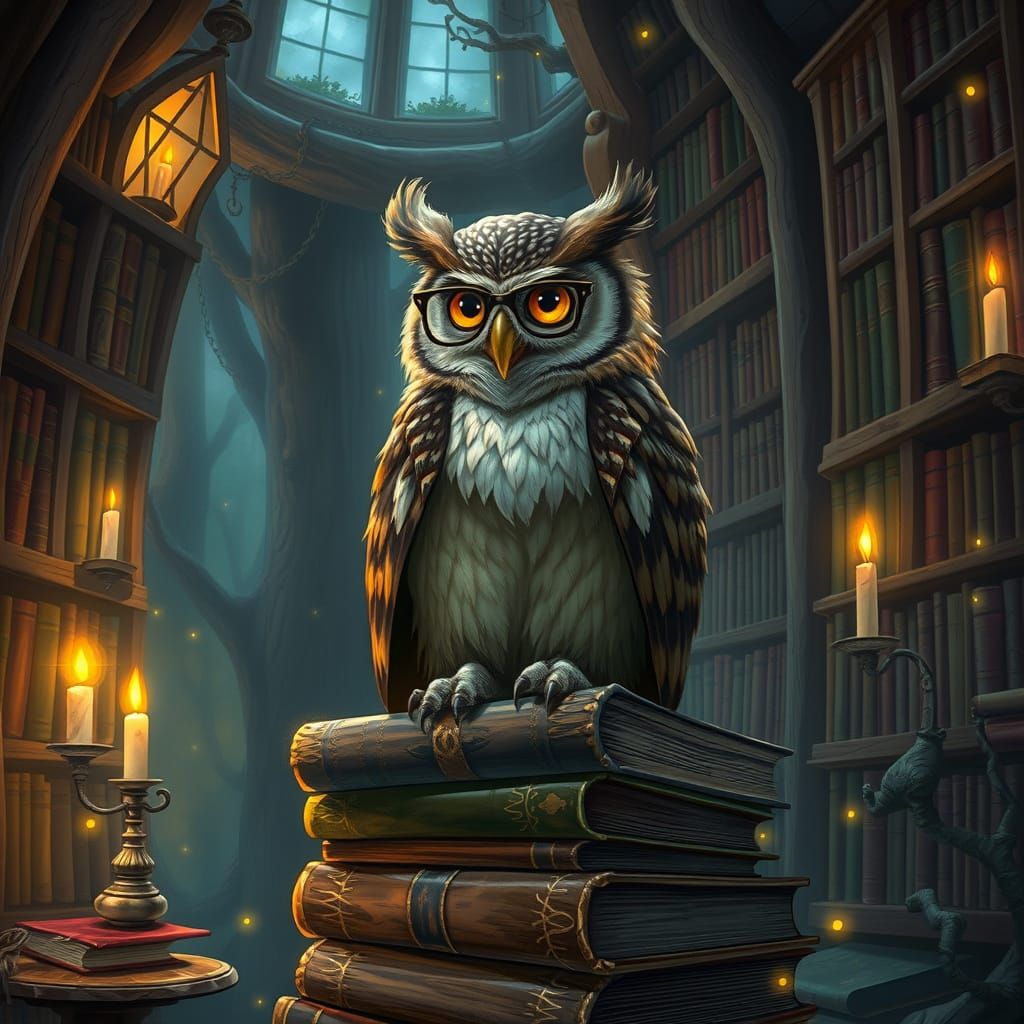 Whimsical Owl Librarian in Enchanted Forest Library