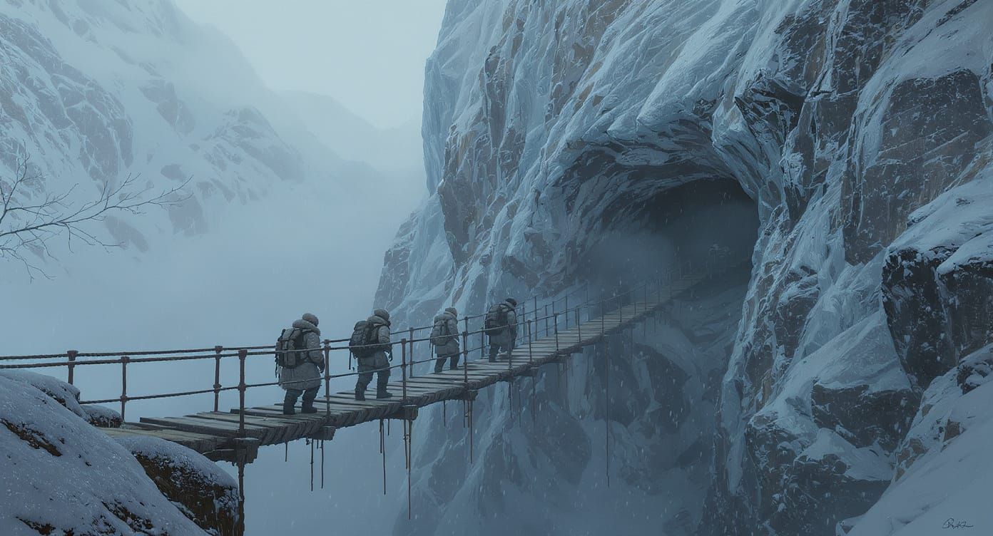 Arctic Explorers Cross Icy Divide: An Impasto Oil Painting