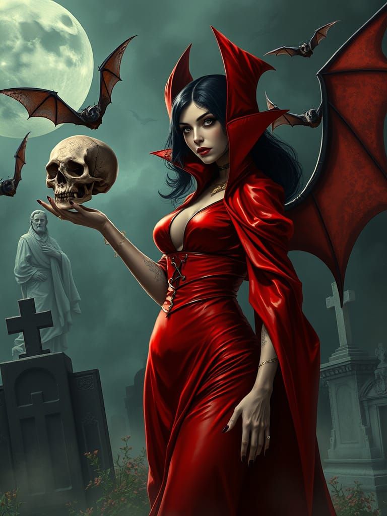 Vampirella in Cemetery with Bats, Anime Style
