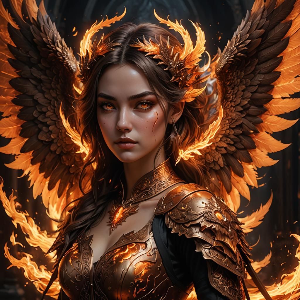 Girl with Flaming Wings in Fantasy Art Style