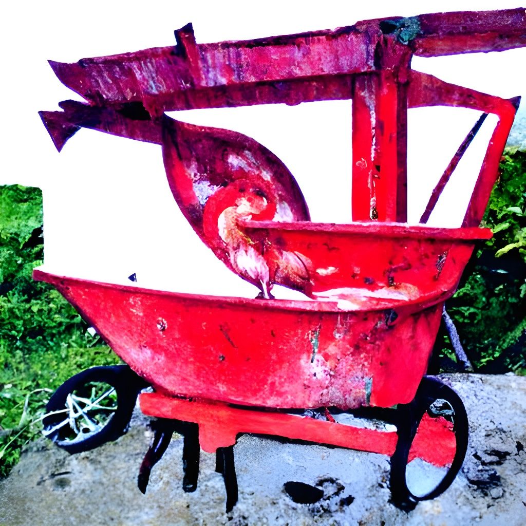 Red Wheelbarrow with Rainwater and White Chicken