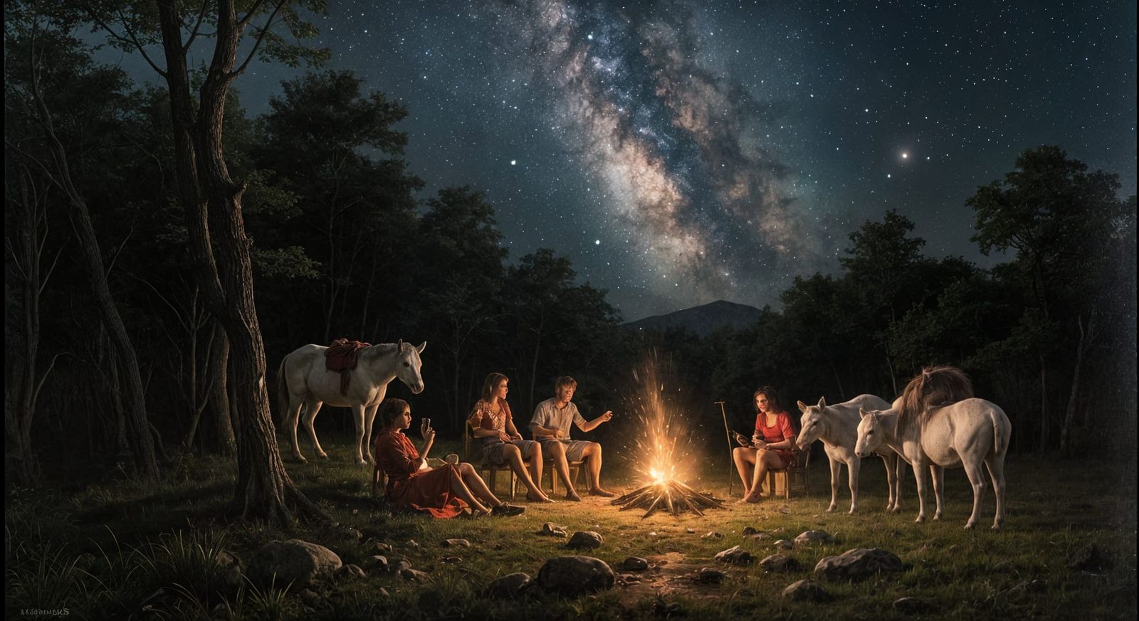 Baroque Oil Painting of Campfire Under Starry Night Sky