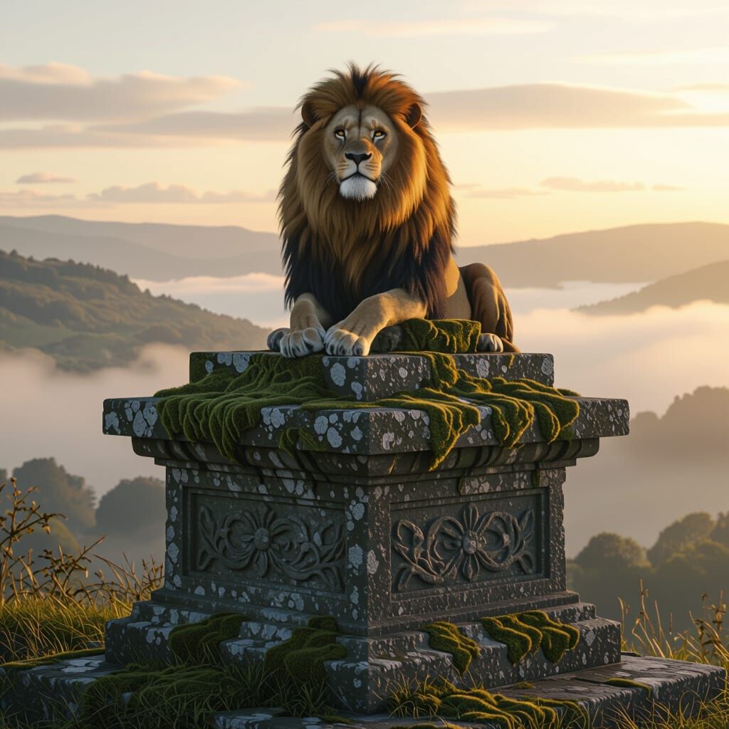 Lion on Stone Plinth at Dawn: Cinematic Still