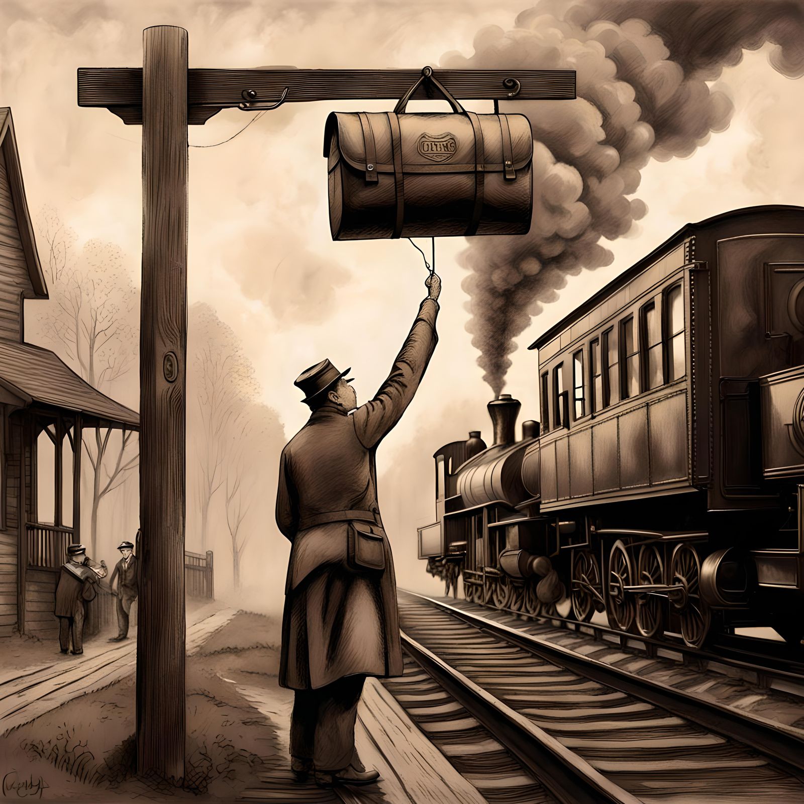 Railroad Postal Clerk in Charcoal Pencil Sketch