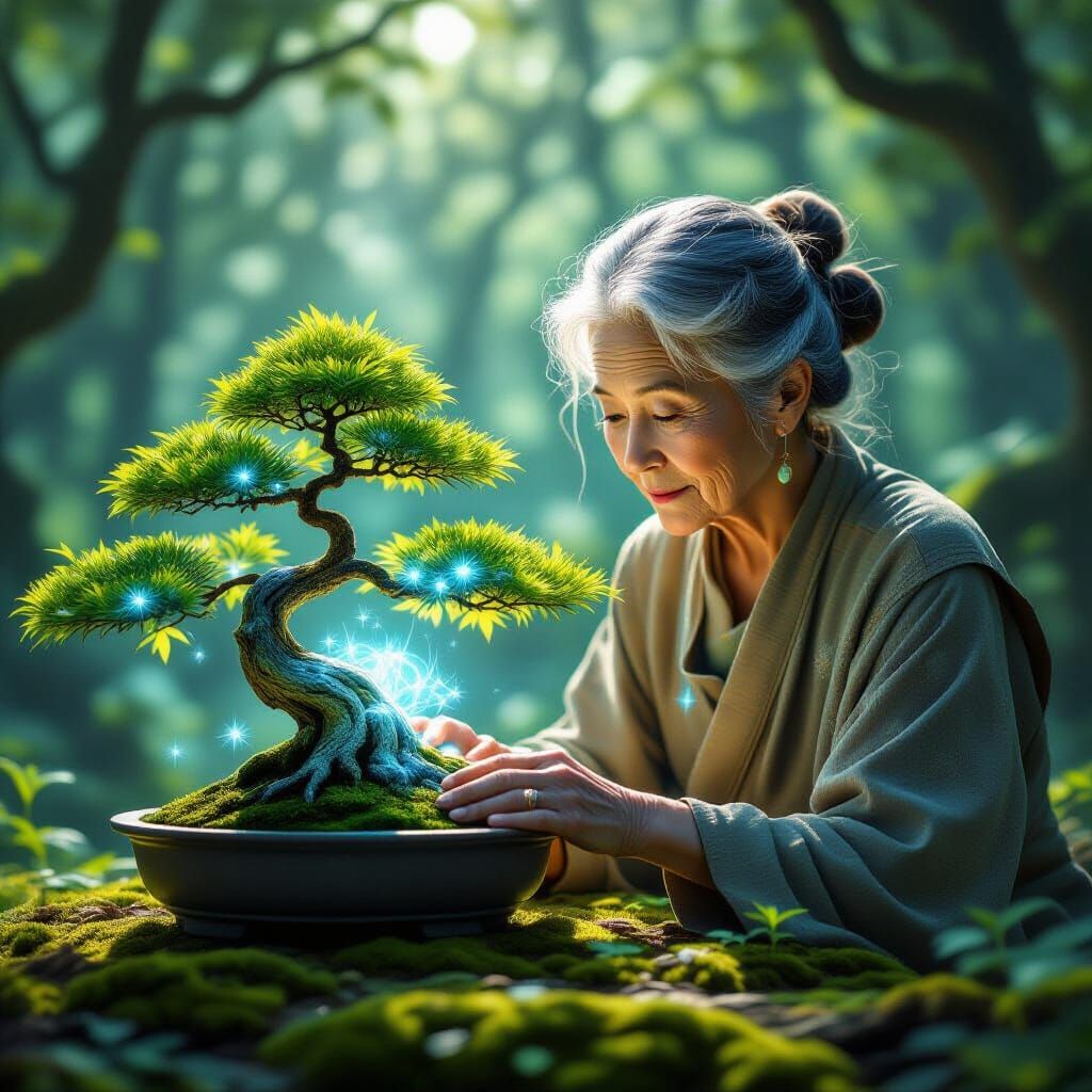Bioluminescent Bonsai Tree in Ethereal Forest