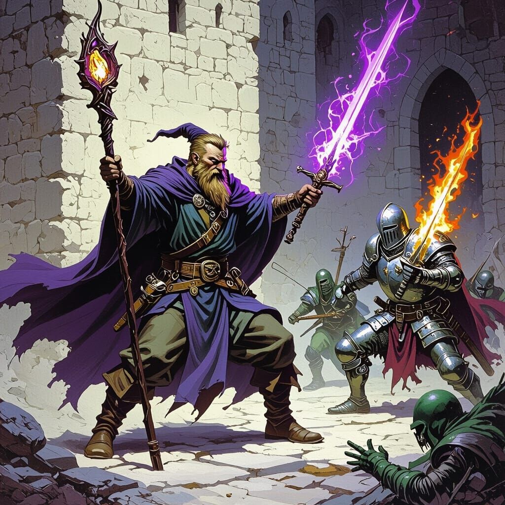 Wizard and Knight Battle Goblins in Castle