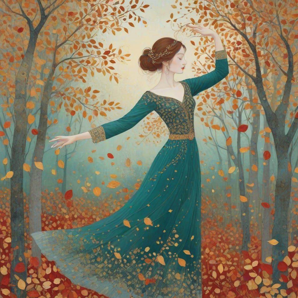 Dancer in Opulent Autumn Splendor, Inspired by Klimt and Gro...