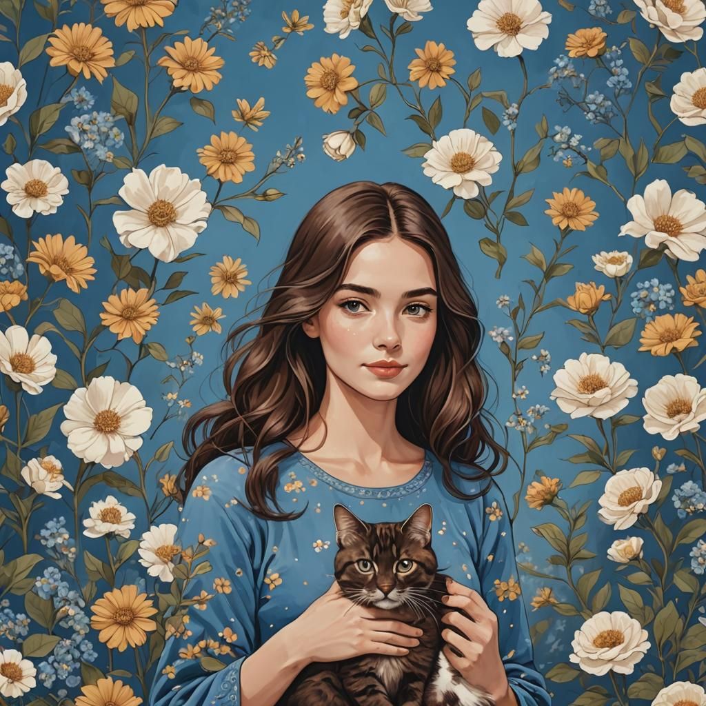 Woman with Cat on Floral Blue Background