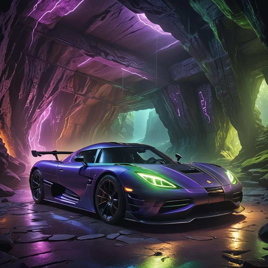 Koenigsegg in Mystical Neon Cave: Fantasy Concept Art