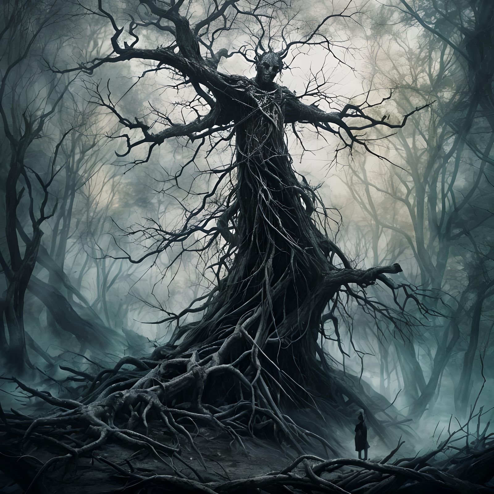 Macabre Figure in Misty Forest of Horror