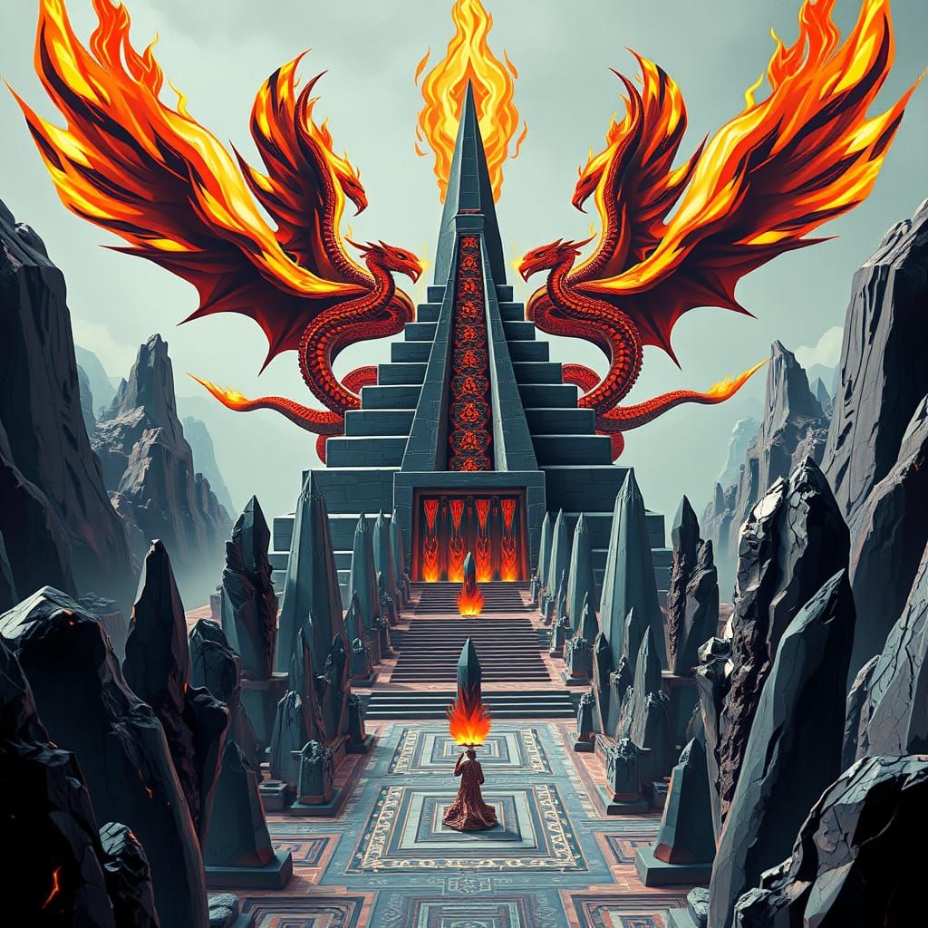 Fire-Winged Vipers Guarding Obsidian Ziggurat in Cubist Styl...