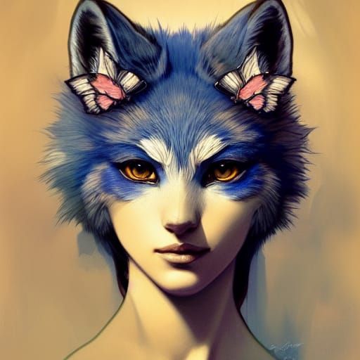 Blue Fox Portrait with Butterflies in Art Nouveau Style