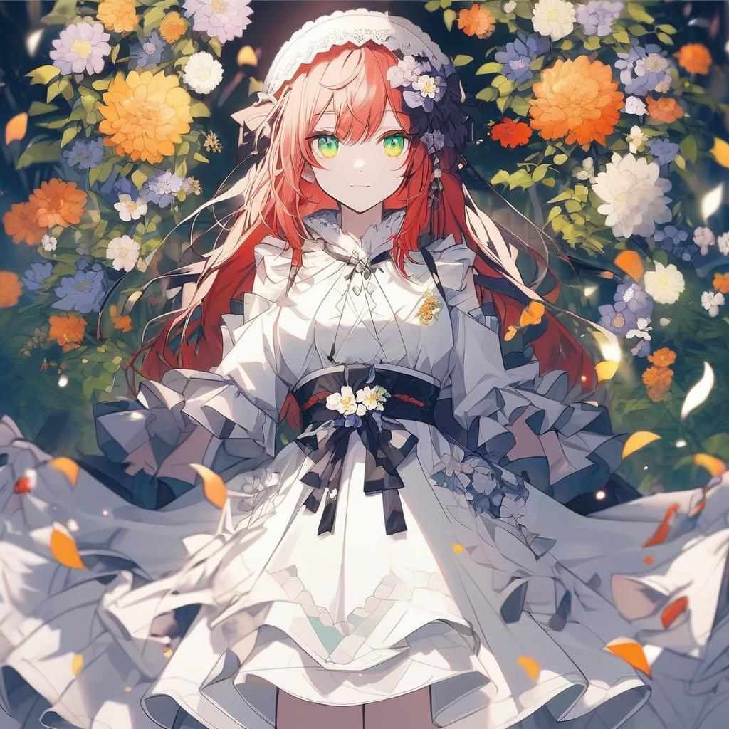 Anime Girl with Red Hair and Flowers