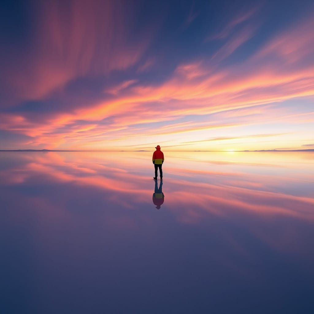 Surreal Figure Stands in Perfect Symmetry with Salar de Uyun...