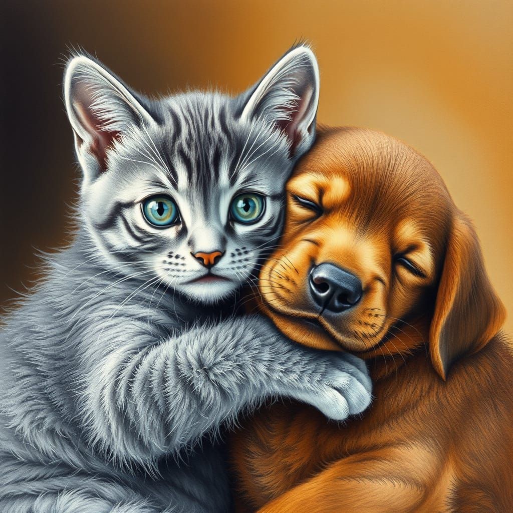 A pencil and acrylic painting of a gray kitten and a brown p...