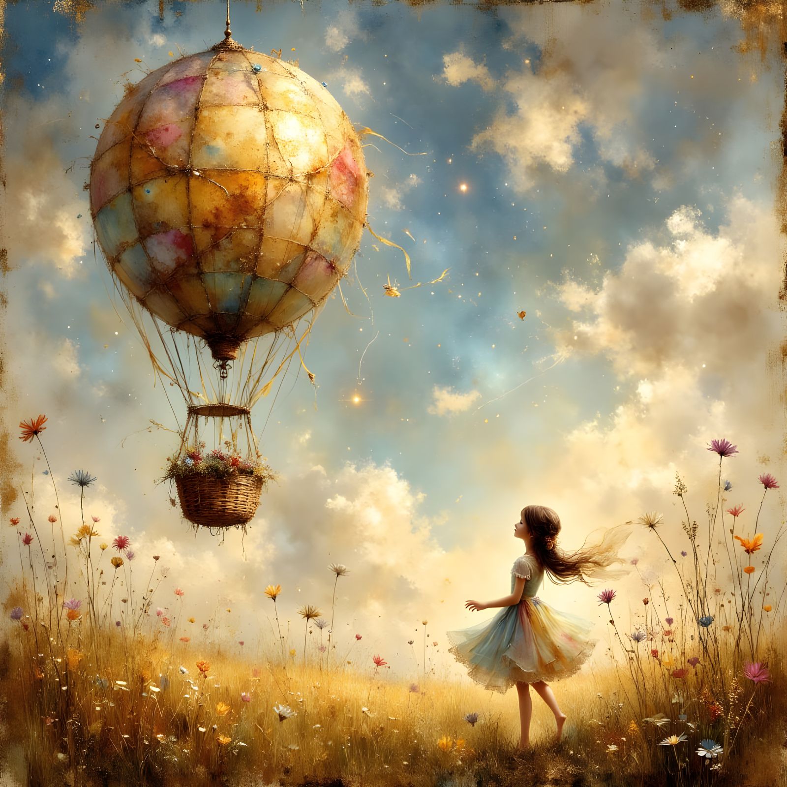 Girl Gazing at Hot Air Balloon in Meadow