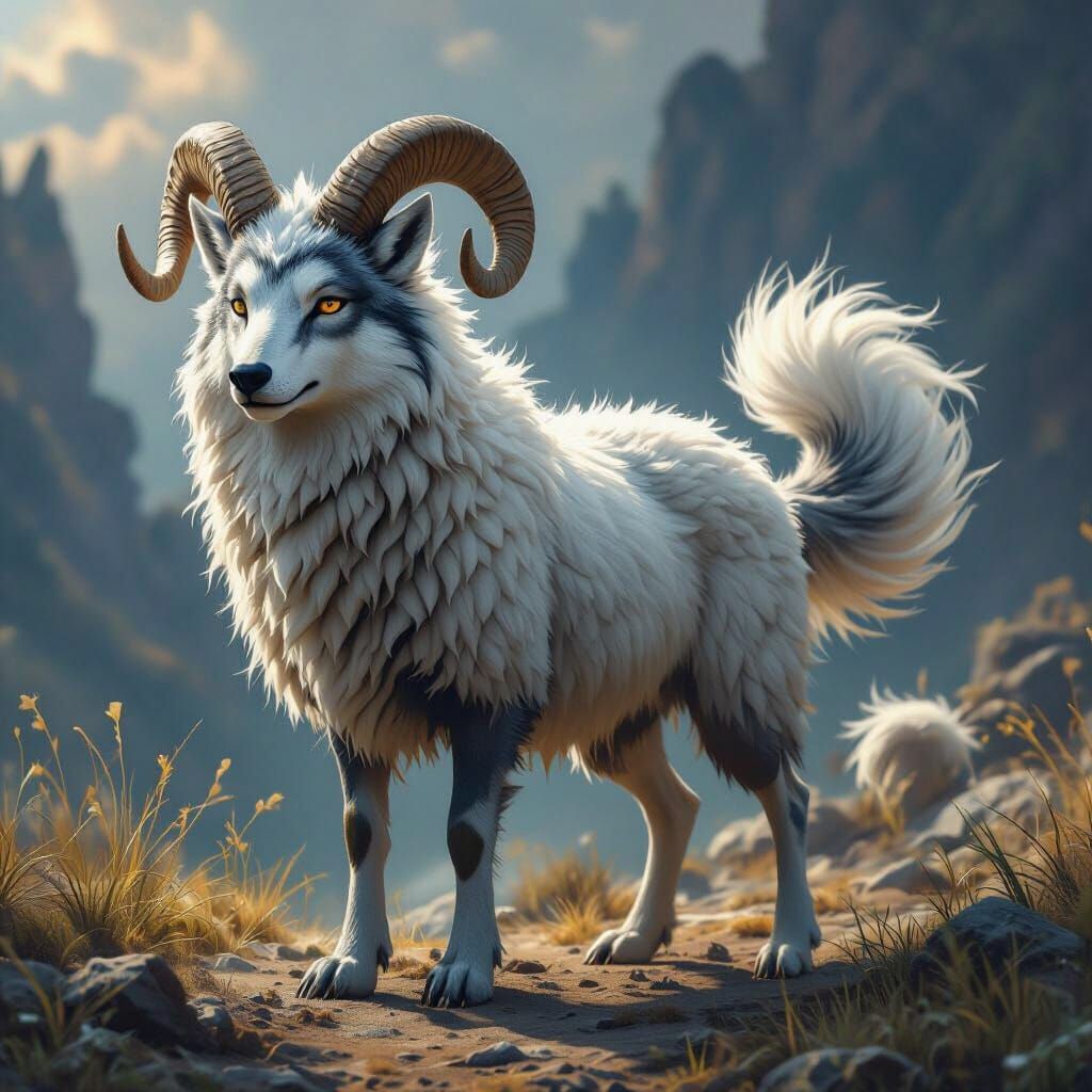Mythical Wolf-Sheep Hybrid in Fantasy Concept Art Style