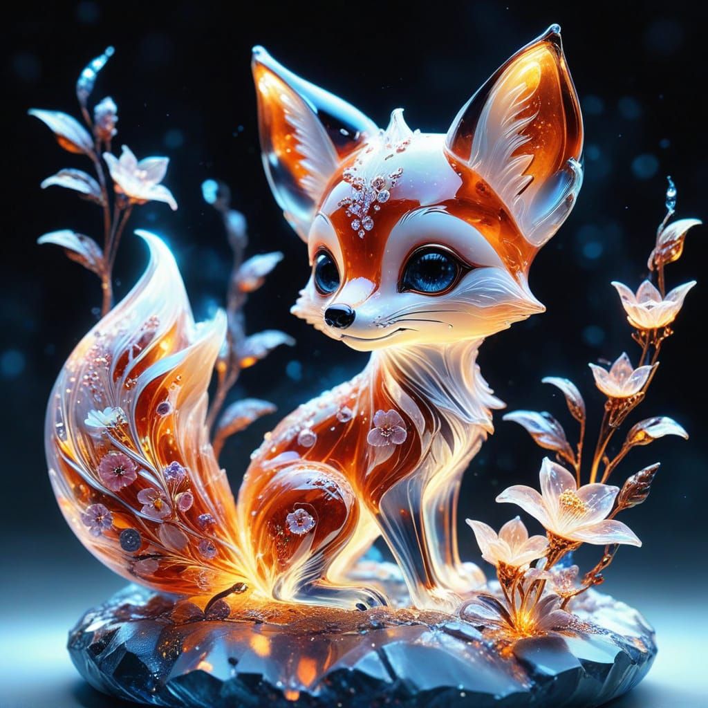 Hyper-Realistic Crystal Fox in Magical Bioluminescent Bloom