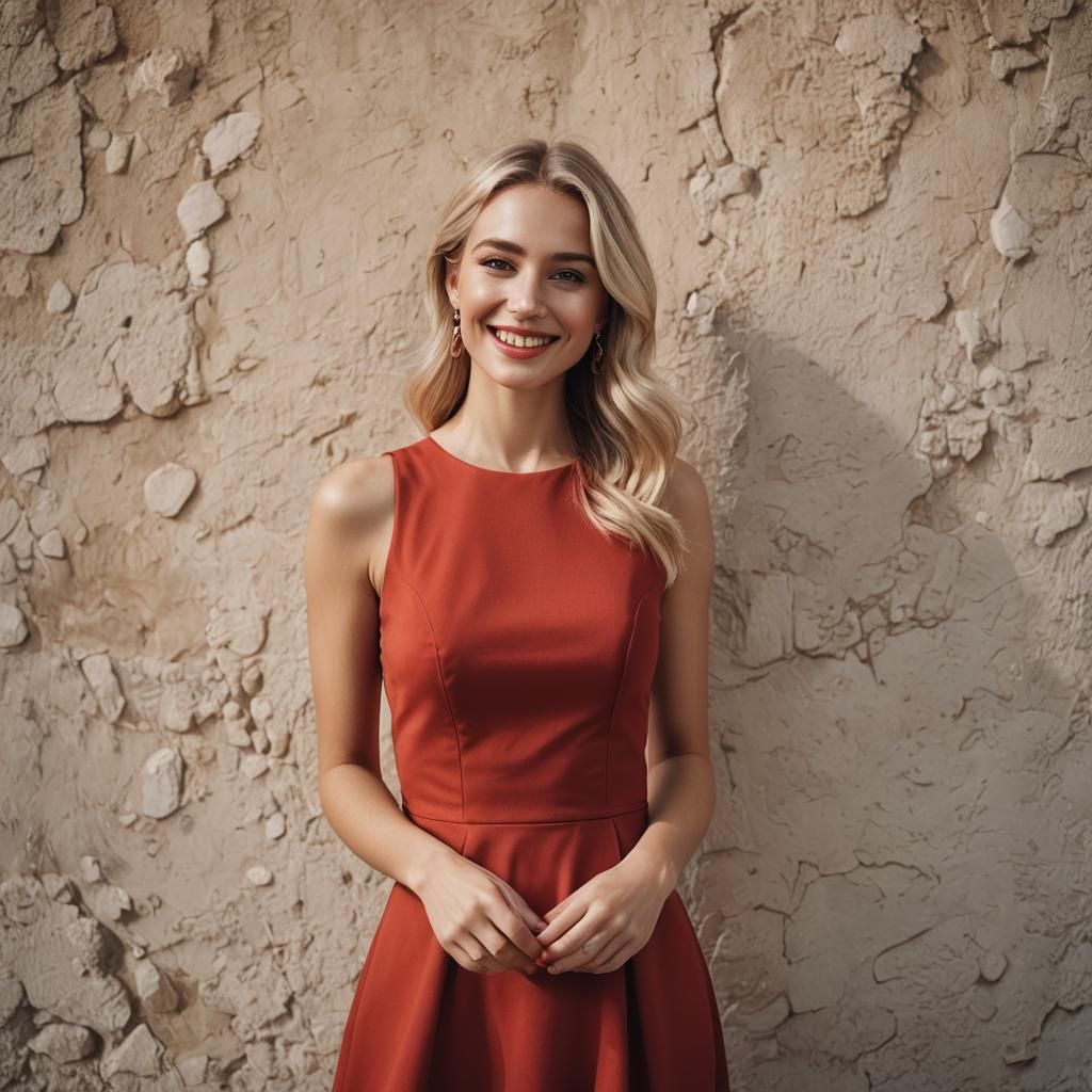 Lovely Blond Woman in Red Dress Portrait