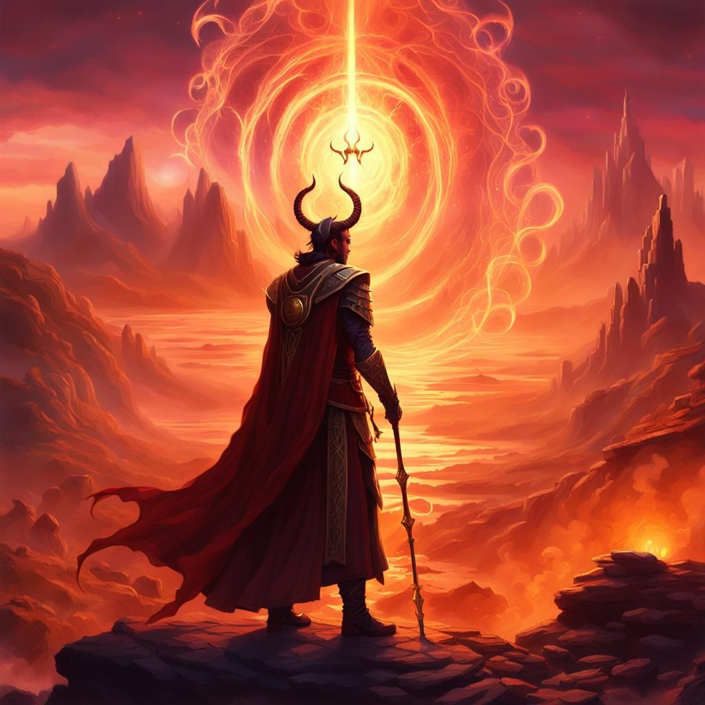 Tiefling Cleric in Mystical Exandrian Landscape