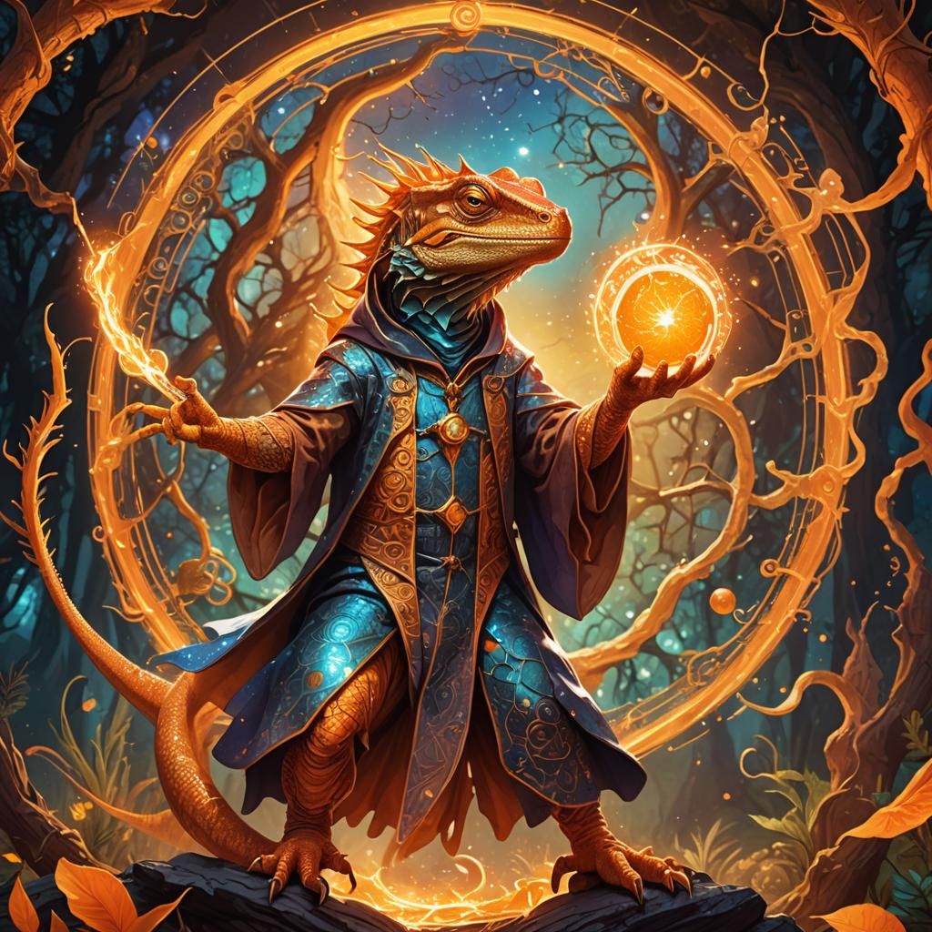 Orange Lizard Wizard Casting Spells: Astral Illustration