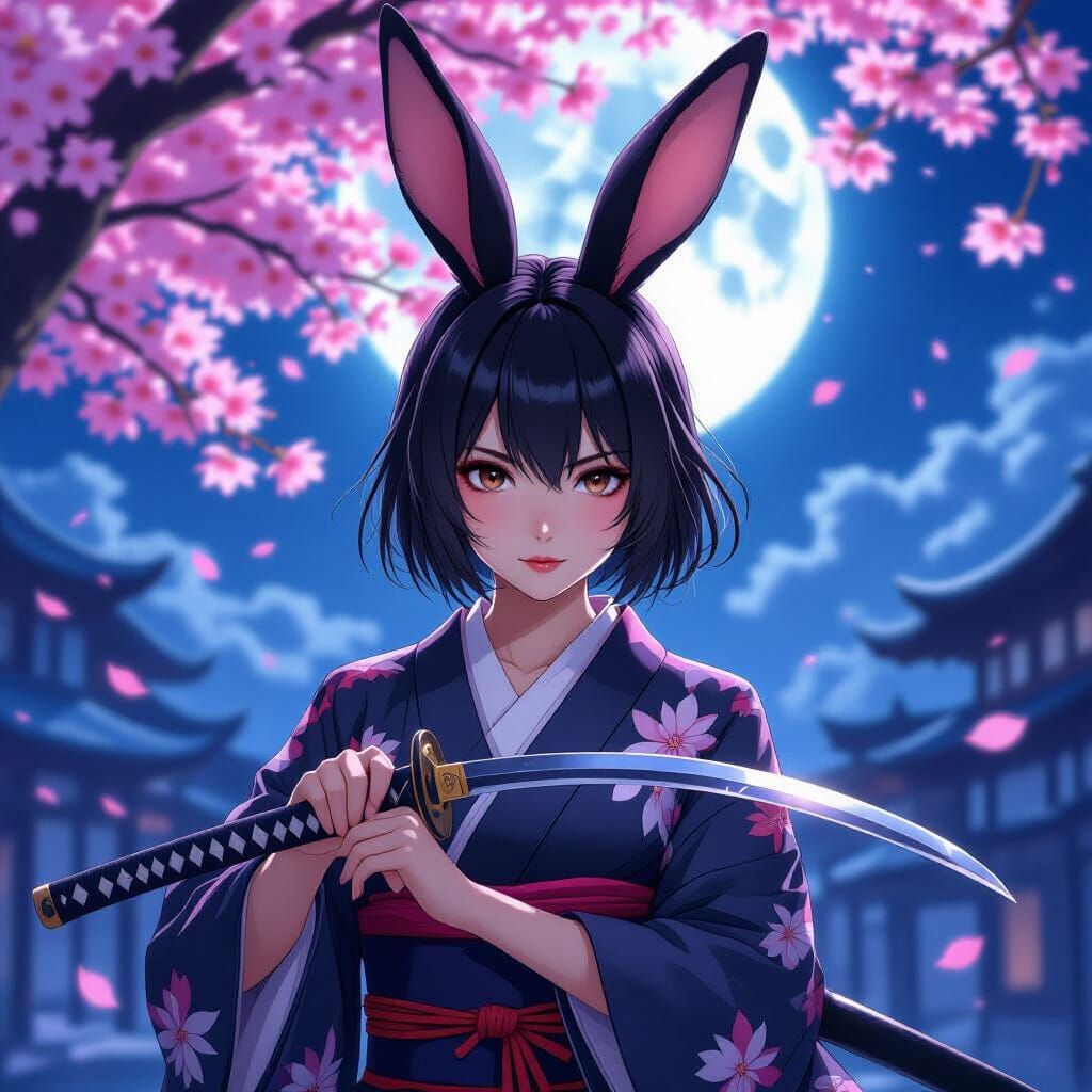 Anime Rabbit-Eared Woman with Katana under Cherry Blossoms